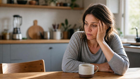 Femme fatiguée le matin dans sa cuisine, signe possible d'une carence en magnésium