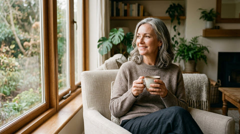 Femme d'une cinquantaine d'années à la peau naturelle, sereine près d'une fenêtre, illustrant la peau sèche à la ménopause