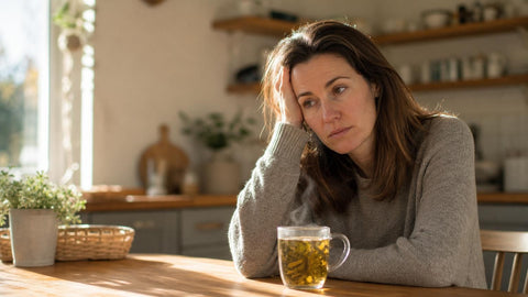 Femme fatiguée et tendue à sa table le matin, illustrant les symptômes d'un cortisol élevé