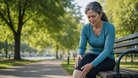 Femme se tenant le genou sur un banc, illustrant les douleurs articulaires et musculaires